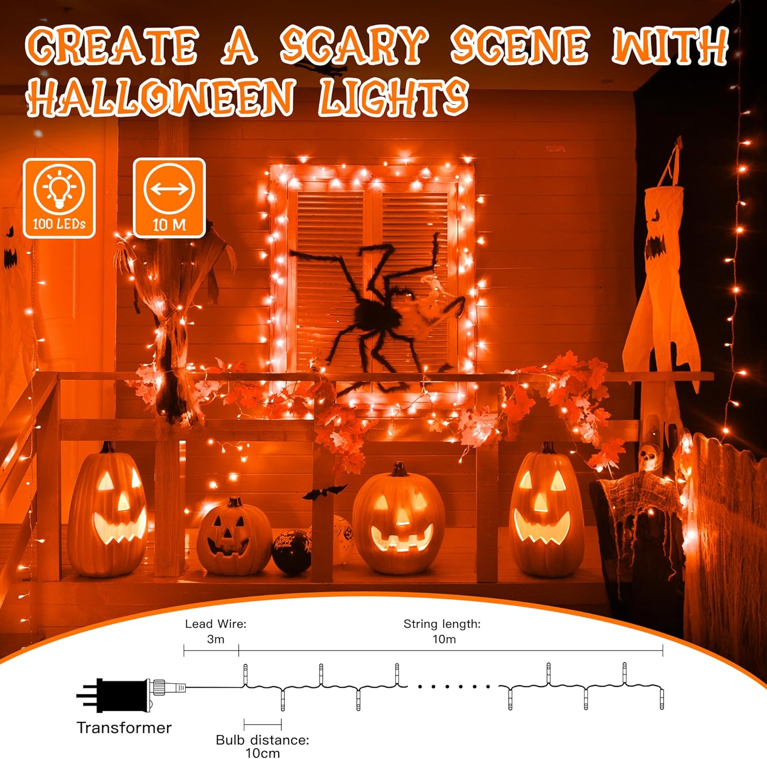 Ollny Orange Halloween String Lights (Clear Cable, Plug in, 8 Modes)