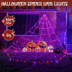 Ollny Orange and Purple Halloween Spider Web Lights (Black Cable, IP67 Waterproof, Plug in, 8 Modes)