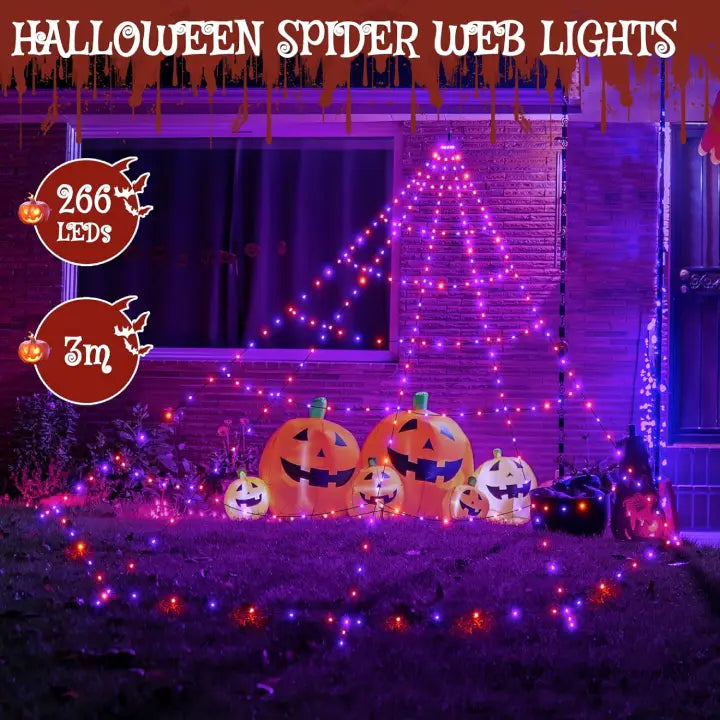 Ollny Orange and Purple Halloween Spider Web Lights (Black Cable, IP67 Waterproof, Plug in, 8 Modes)