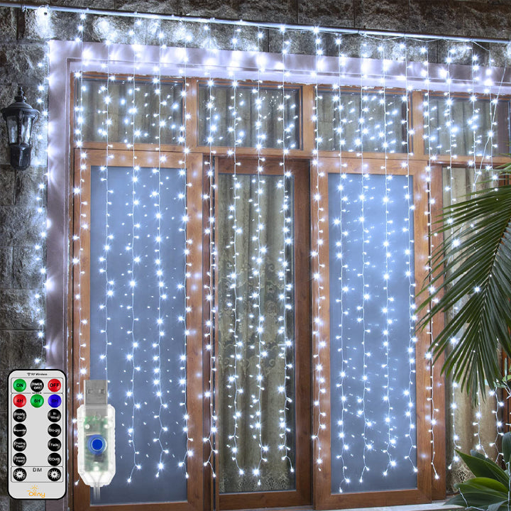 Ollny 300 LEDs 3m*3m Christmas Curtain Fairy Lights (Cool White, Clear Cable, USB Charged, 8 Modes)
