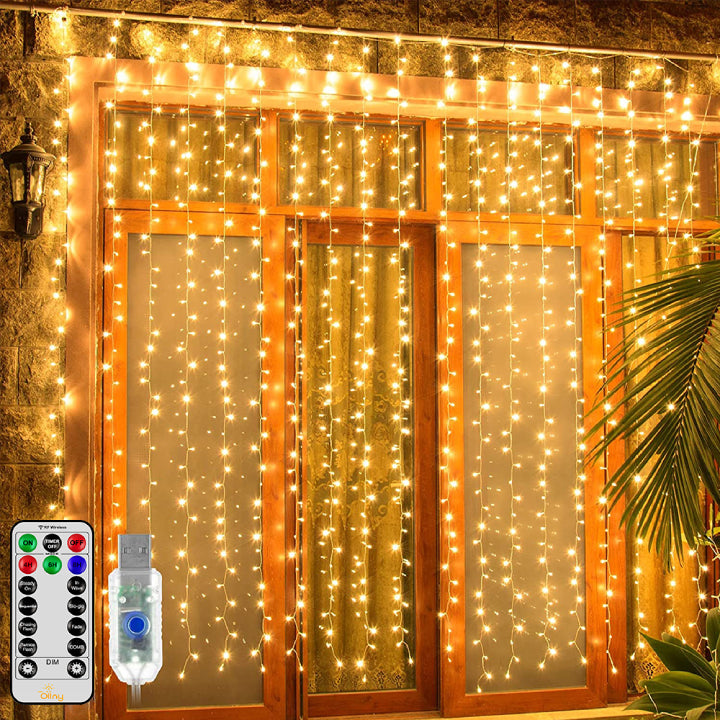 Ollny 300 LEDs 3m*3m Christmas Curtain Fairy Lights (Warm White, Clear Cable, USB Charged, 8 Modes)