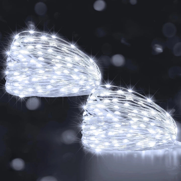 Ollny 100 LED Cool White Fairy Lights for Christmas Tree, Bedroom, Outdoor, Party, Bottle, Wedding (2 Packs, 10m, Battery Operated, IP44 Waterproof)