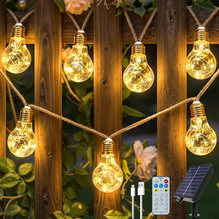 Ollny Outdoor Solar Festoon Lights for Garden, Outside, Gazebo, Patio, Party (ES Bulbs, Hemp Rope, USB, 8 Modes, IP45 Waterproof, 2700k)