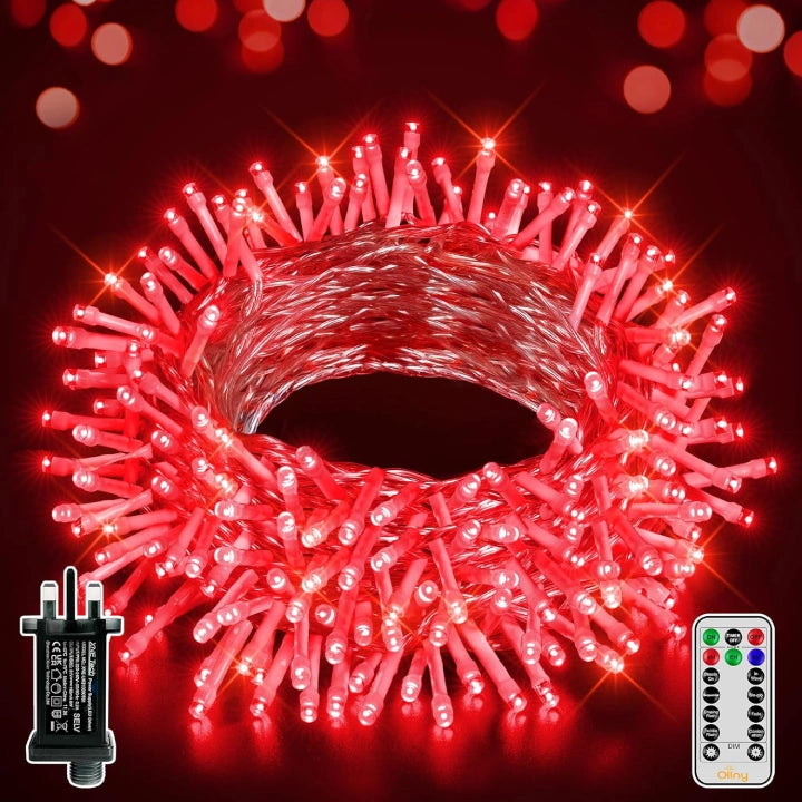 Ollny 200 LEDs 20m Red Fairy String Lights for Party(Clear Cable, 8 Modes)