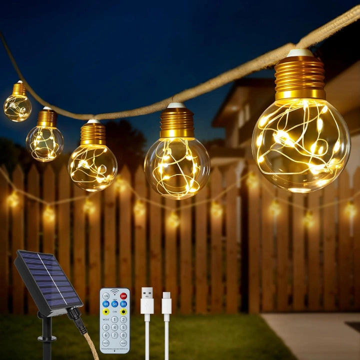 Ollny G50 Solar Festoon Lights for Garden, Gazebo, Festoon (Hemp Rope, 8 Modes, Solar/USB, IP45 Waterproof)