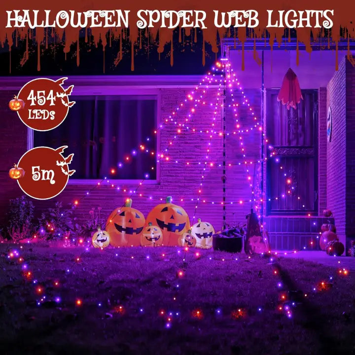 Ollny Orange and Purple Halloween Spider Web Lights (Black Cable, IP67 Waterproof, Plug in, 8 Modes)