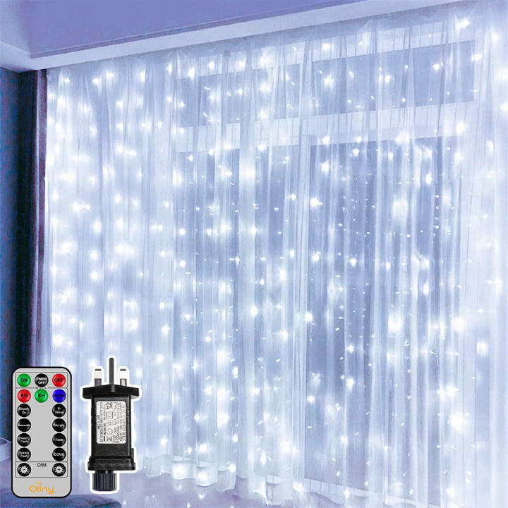 Ollny 300 LEDs 3m*3m Christmas Curtain Fairy Lights (Cool White, Clear Cable, Plug in, 8 Modes)