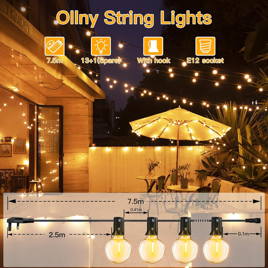 Ollny G40 Outdoor Festoon Lights 7.5m (13+1 Bulbs, IP45 Waterproof, Connectable, 2200k)