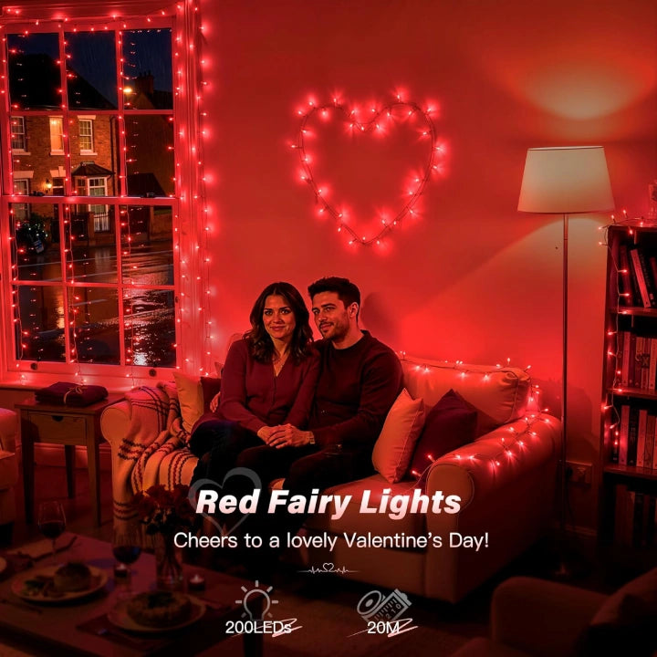 Ollny 200 LEDs 20m Red Fairy String Lights for Party(Clear Cable, 8 Modes)