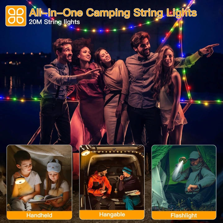 Ollny Camping String Lights Warm White & Multicolour for Yard, Garden, Party (20M 200LED, USB, 9 Modes, IP44 Waterproof)