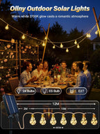 Ollny Outdoor Solar Festoon Lights for Garden, Outside, Gazebo, Patio, Party (ES Bulbs, Hemp Rope, USB, 8 Modes, IP45 Waterproof, 2700k)
