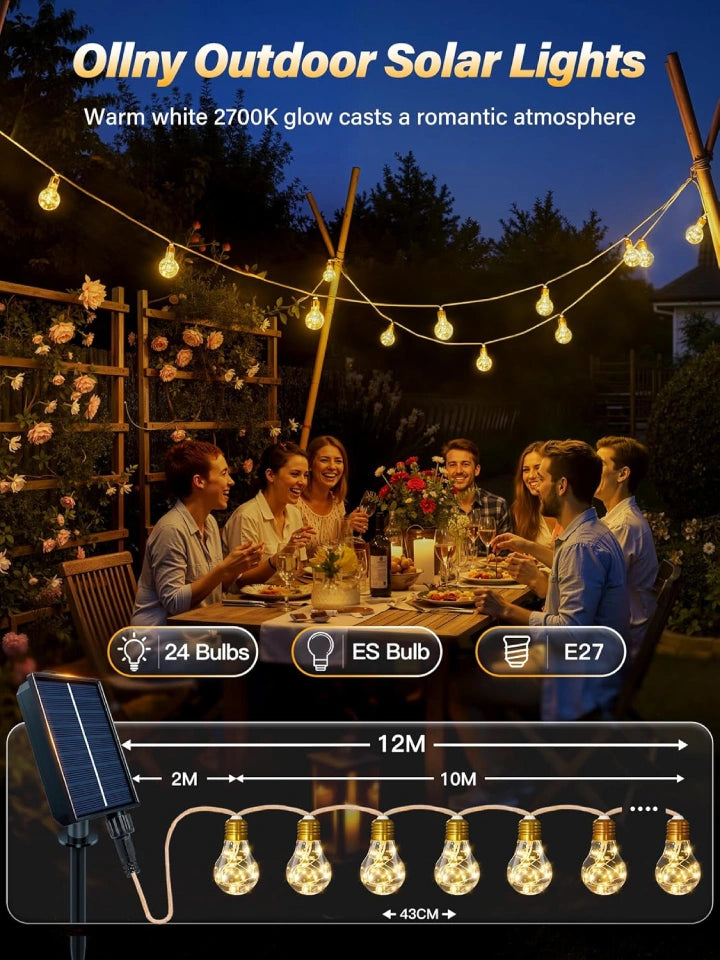Ollny Outdoor Solar Festoon Lights for Garden, Outside, Gazebo, Patio, Party (ES Bulbs, Hemp Rope, USB, 8 Modes, IP45 Waterproof, 2700k)