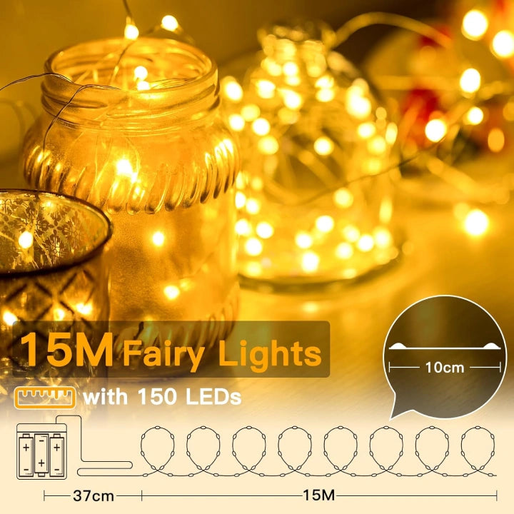 Ollny 150 LEDs 15m Warm White Fairy Lights for DIY, Christmas Tree, Bedroom, Party, Bottle, Wedding(Battery Operated, IP44 Waterproof)