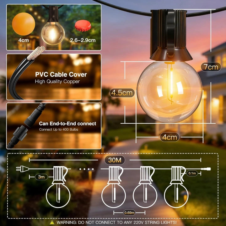 Ollny G40 Outdoor String Lights for Festoon, Garden, Balcony, Gazebo, Pergola (Connectable, IP45 Waterproof, 2700k)