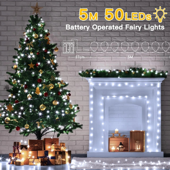 Ollny 50 LED Cool White Fairy Lights for Christmas Tree, Bedroom, Outdoor, Party, Bottle, Wedding (2 Packs, 5m, Battery Operated, IP44 Waterproof)