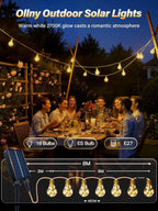 Ollny Outdoor Solar Festoon Lights for Garden, Outside, Gazebo, Patio, Party (ES Bulbs, Hemp Rope, USB, 8 Modes, IP45 Waterproof, 2700k)