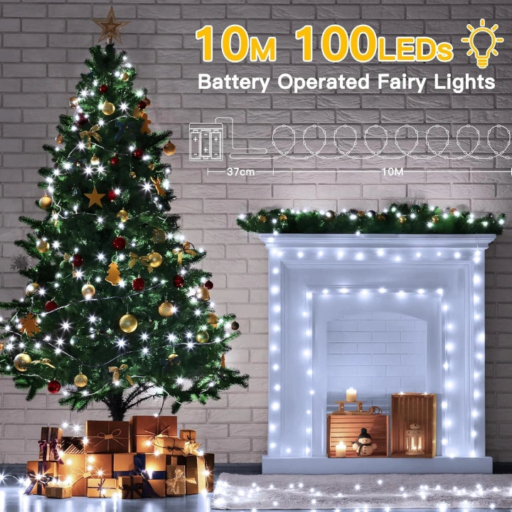 Ollny 100 LED Cool White Fairy Lights for Christmas Tree, Bedroom, Outdoor, Party, Bottle, Wedding (2 Packs, 10m, Battery Operated, IP44 Waterproof)