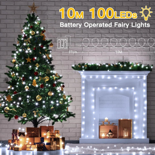 Ollny 100 LED Cool White Fairy Lights for Christmas Tree, Bedroom, Outdoor, Party, Bottle, Wedding (2 Packs, 10m, Battery Operated, IP44 Waterproof)