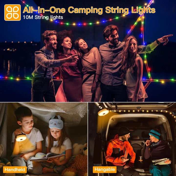 Ollny Camping String Lights Warm White & Multicolour for Yard, Garden, Party(10M 100LED, USB, 9 Modes, IP44 Waterproof)