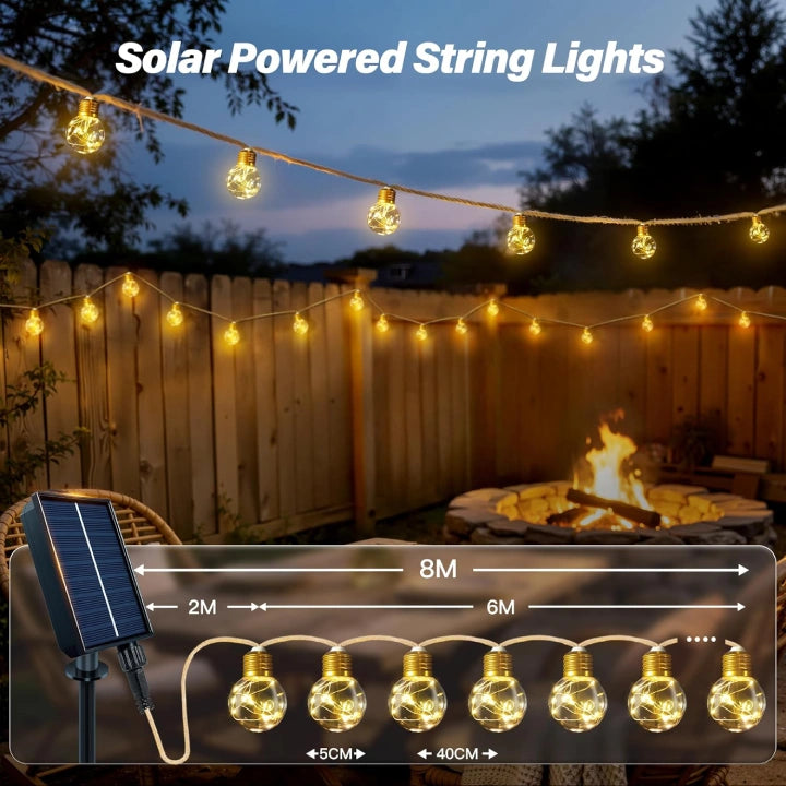 Ollny G50 Solar Festoon Lights for Garden, Gazebo, Festoon (Hemp Rope, 8 Modes, Solar/USB, IP45 Waterproof)