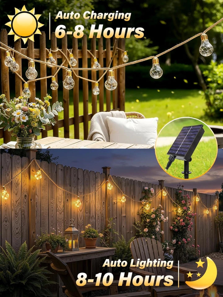 Ollny Outdoor Solar Festoon Lights for Garden, Outside, Gazebo, Patio, Party (ES Bulbs, Hemp Rope, USB, 8 Modes, IP45 Waterproof, 2700k)