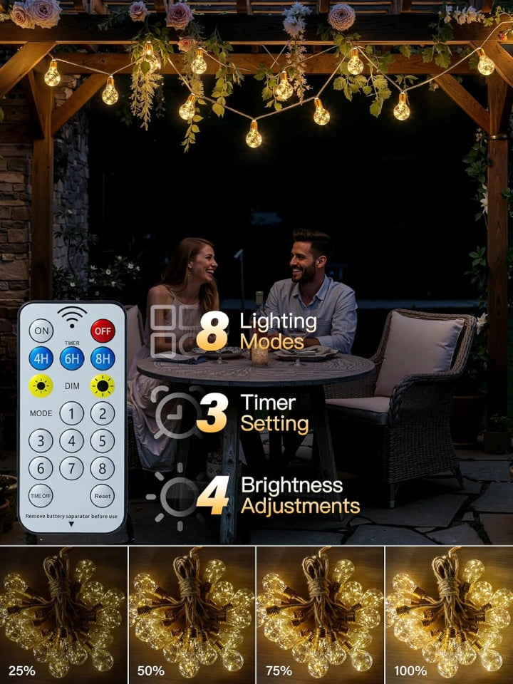 Ollny Outdoor Solar Festoon Lights for Garden, Outside, Gazebo, Patio, Party (ES Bulbs, Hemp Rope, USB, 8 Modes, IP45 Waterproof, 2700k)