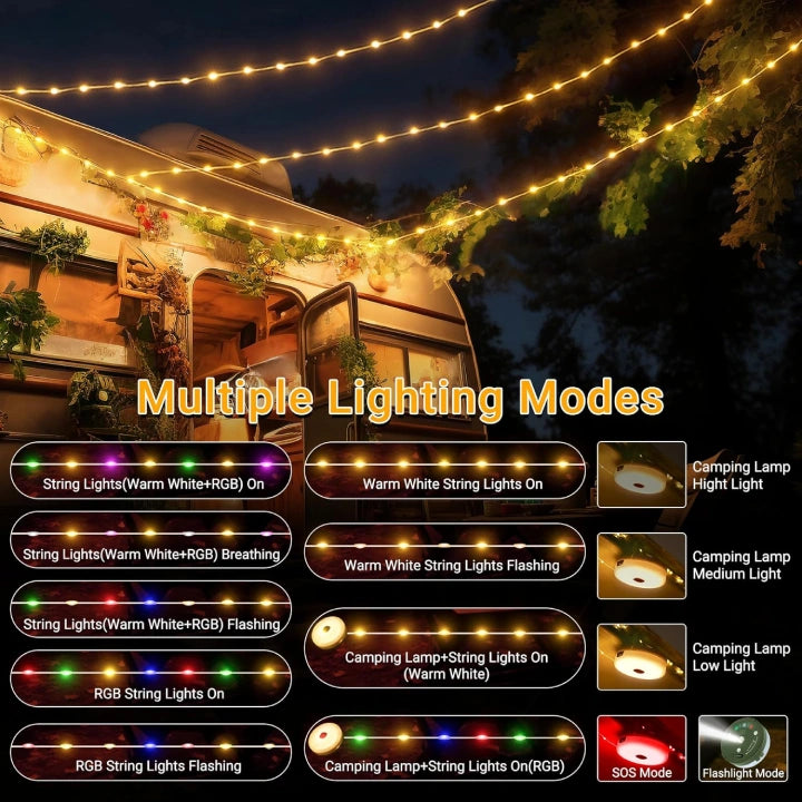 Ollny Camping String Lights Warm White & Multicolour for Yard, Garden, Party (20M 200LED, USB, 9 Modes, IP44 Waterproof)