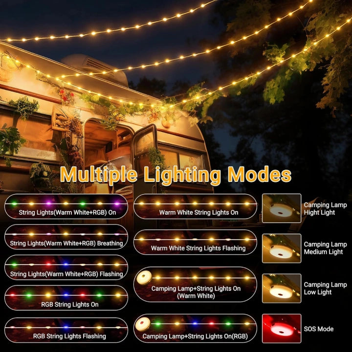 Ollny Camping String Lights Warm White & Multicolour for Yard, Garden, Party(10M 100LED, USB, 9 Modes, IP44 Waterproof)