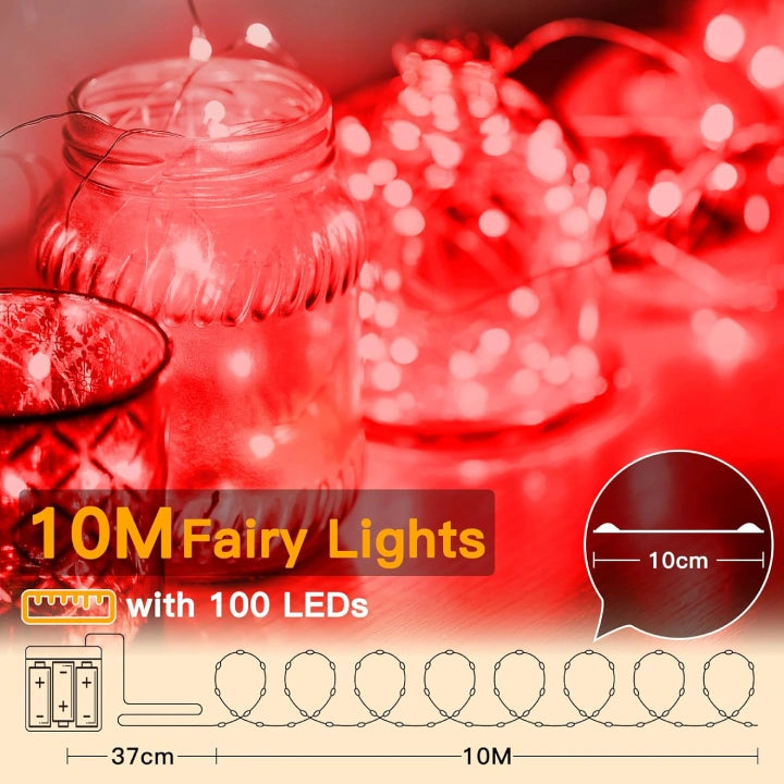 Ollny 100 LEDs 10m Red Fairy Lights for DIY, Party, Bedroom, Wedding, Anniversary, Birthday(Battery Operated, IP44 Waterproof)