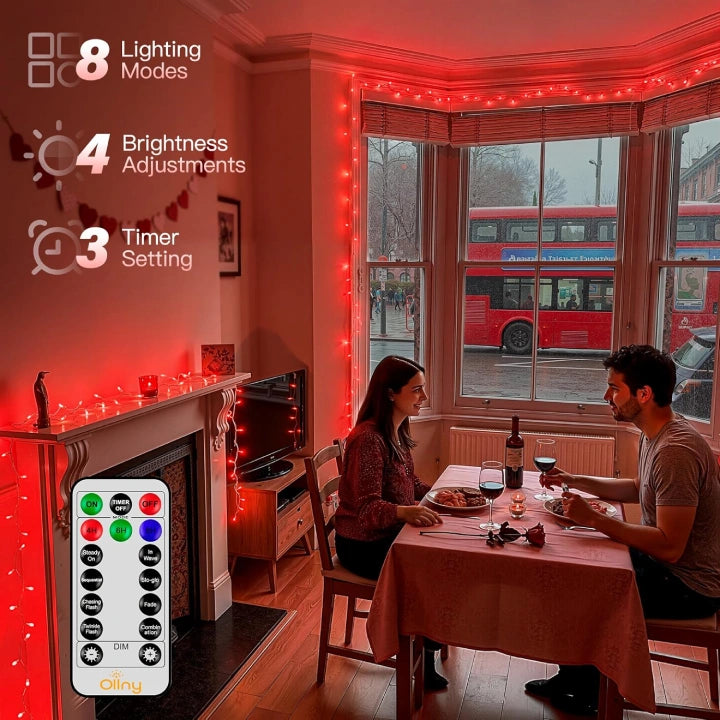 Ollny 200 LEDs 20m Red Fairy String Lights for Party(Clear Cable, 8 Modes)