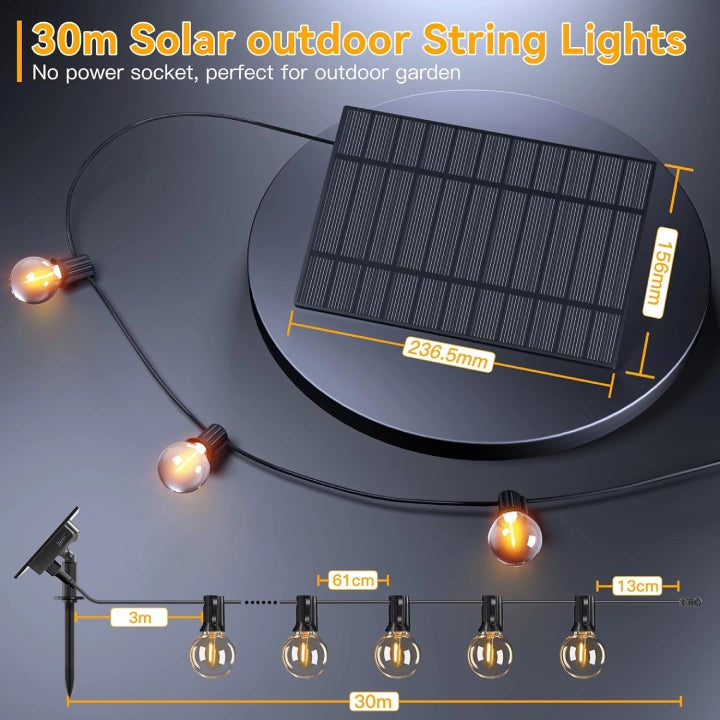 Ollny G40 Outdoor Solar Festoon Lights for Party, Yard, Porch, Gazebo, Pergola 30m (45+2 Bulbs, IP45 Waterproof, 2700k)