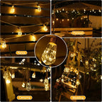 4 scenes with S17 solar string lights: fence, parasol, camping, wedding