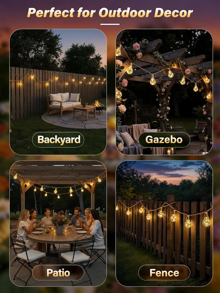 Ollny Outdoor Solar Festoon Lights for Garden, Outside, Gazebo, Patio, Party (ES Bulbs, Hemp Rope, USB, 8 Modes, IP45 Waterproof, 2700k)