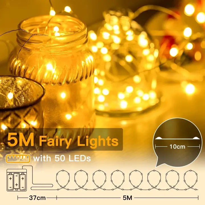 Ollny 50 LEDs 5m Warm White Room Fairy Lights (Cooper Wire, Battery Operated)