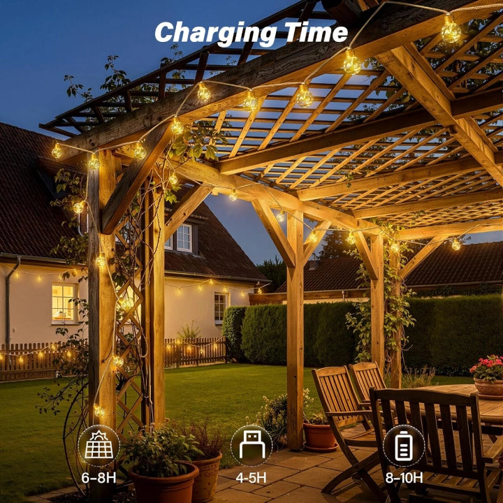 Ollny G50 Solar Festoon Lights for Garden, Gazebo, Festoon (Hemp Rope, 8 Modes, Solar/USB, IP45 Waterproof)