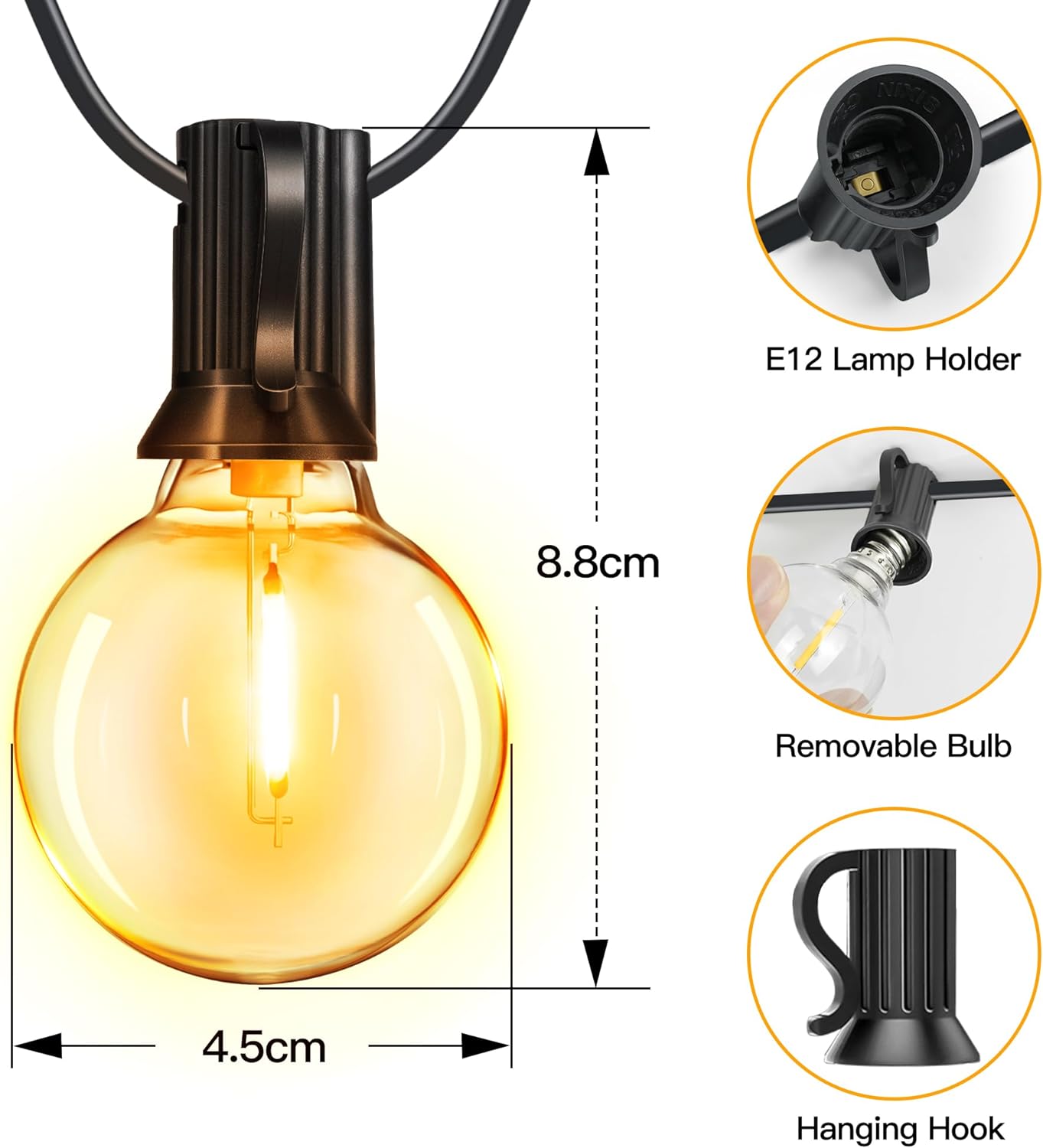Ollny G40 Outdoor Festoon Lights 7.5m (13+1 Bulbs, IP45 Waterproof, Connectable, 2200k)