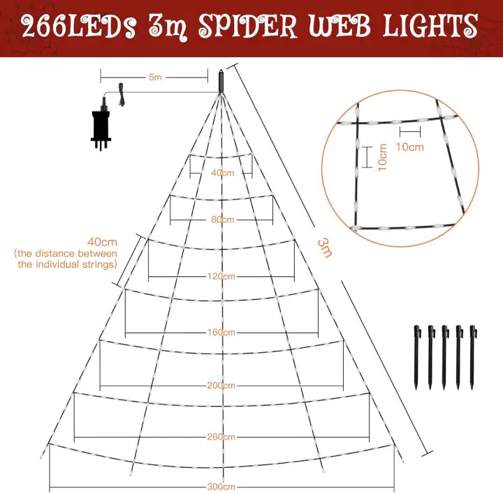 Ollny Purple Halloween Spider Web Lights 266 LED 3m (Black Cable, IP67 Waterproof, Plug in, 8 Modes)