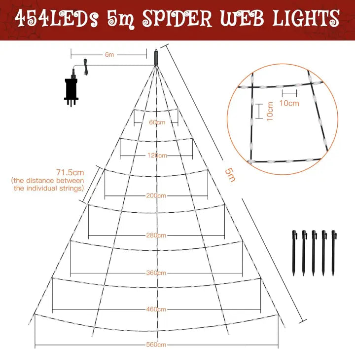 Ollny Orange Halloween Spider Net Lights 454 LED 5m (Black Cable, IP67 Waterproof, Plug in, 8 Modes)