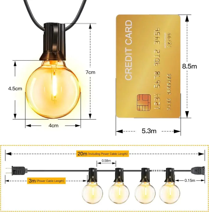 Ollny G40 Outdoor Festoon Lights for Garden, Party, Pergola 20m (30+2 Bulbs, Connectable, IP45 Waterproof, 2700k)