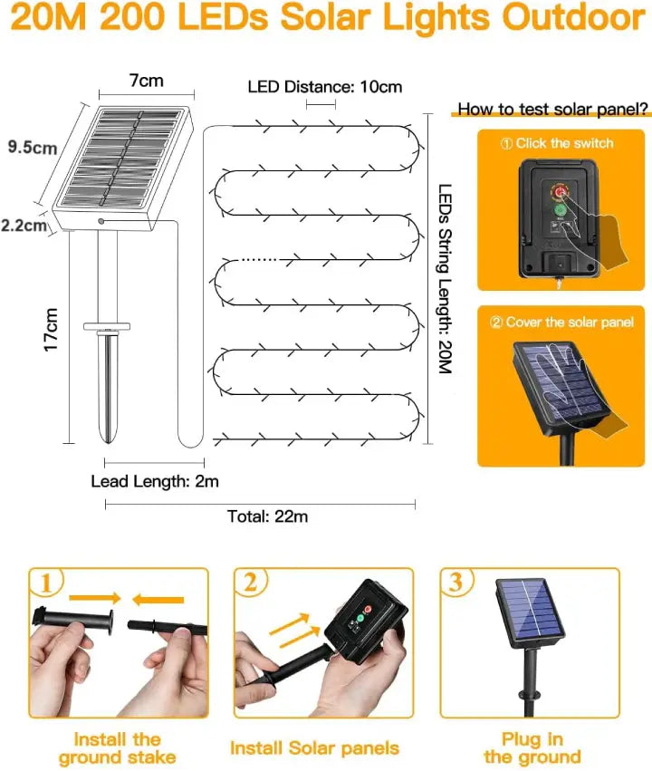 Ollny 200 LED Cool White Solar Fairy Lights 20m(Green Cable, Solar Power, 8 Modes)