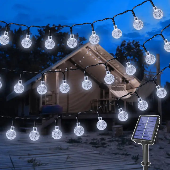 Ollny 50 LED Cool White Globe Solar Lights 7m(Green Cable, Solar Power, 8 Modes)