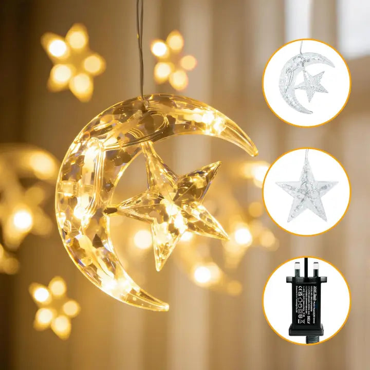 Ollny Moon Star Ramadan Fairy Lights Warm White (Plug in, IP44 Waterproof, 8 Modes)