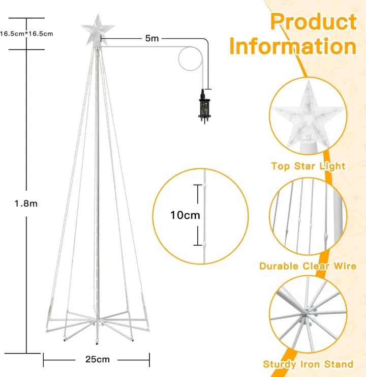 Ollny Christmas Tree Lights with Star Topper Warm White 1.8m 170 LED (IP67 Waterproof, 8 Modes)
