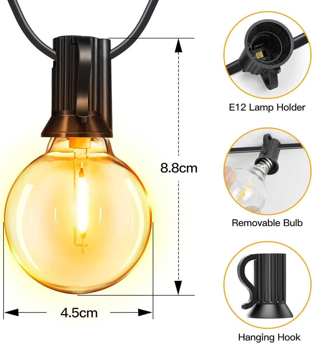 Ollny G40 Outdoor Festoon Lights 30m (50+3 Bulbs, IP45 Waterproof, Connectable, 2200k)