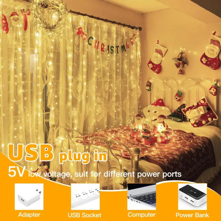 Ollny 300 LED 3m*3m USB Curtain Fairy Lights With Hooks Warm White