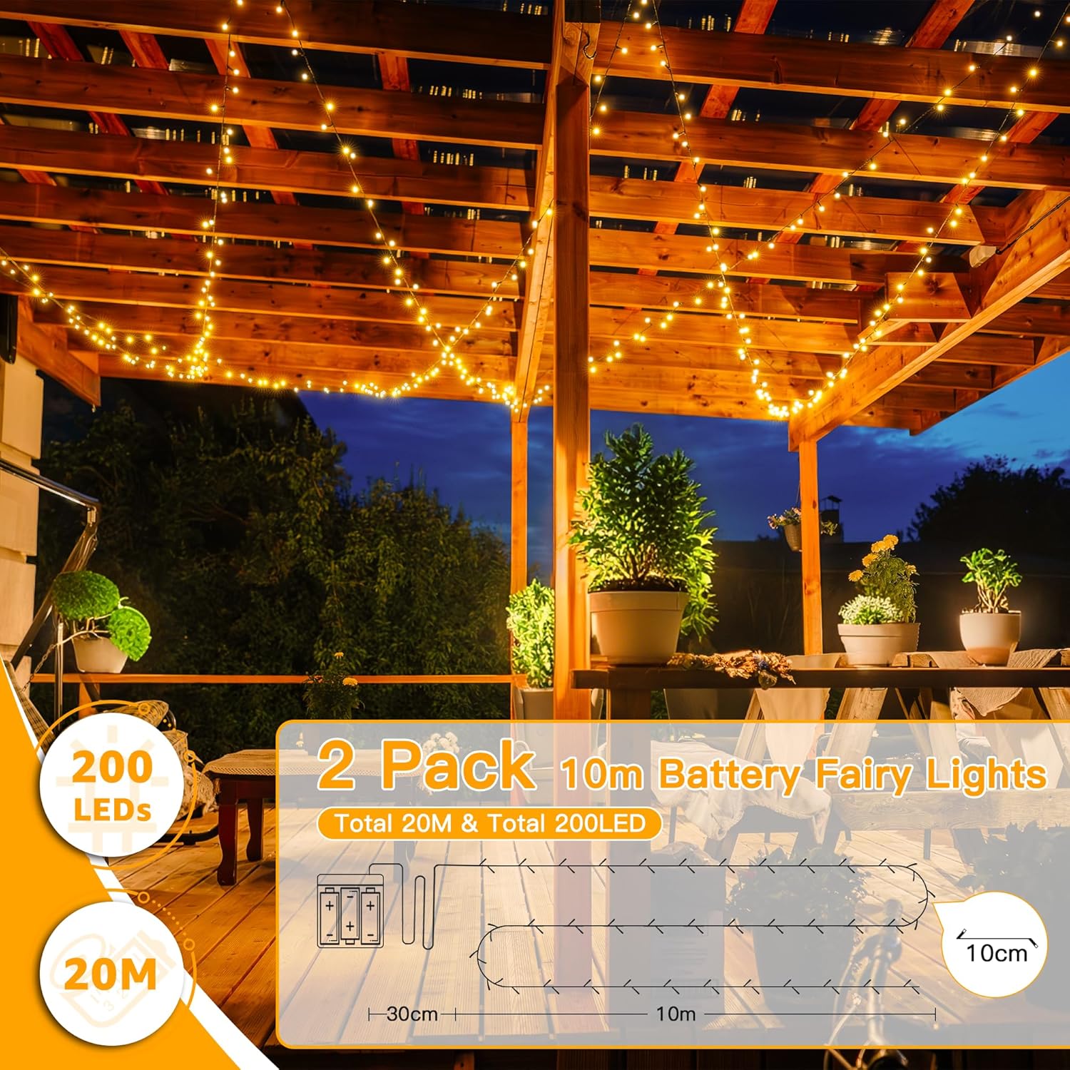 Ollny Warm White Fairy Lights 10m 100 LED(Green Cable, IP44 Waterproof, Battery Powered, 8 Modes)
