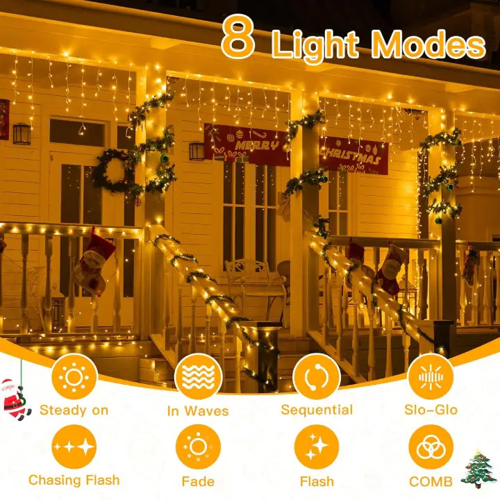 Ollny 504 LED 12.6m Warm White Christmas Icicle Lights (Clear Cable, Plug in, 8 Modes)