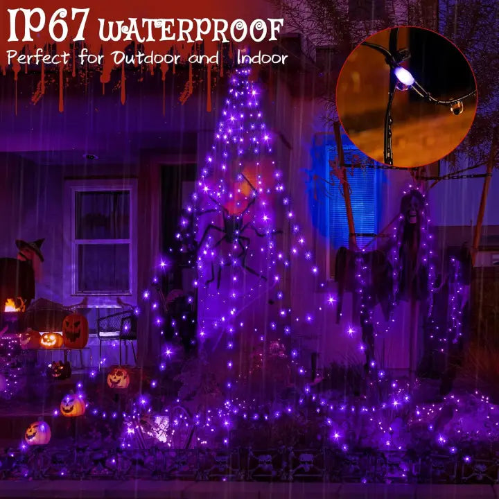 Ollny Purple Halloween Spider Web Lights 266 LED 3m (Black Cable, IP67 Waterproof, Plug in, 8 Modes)