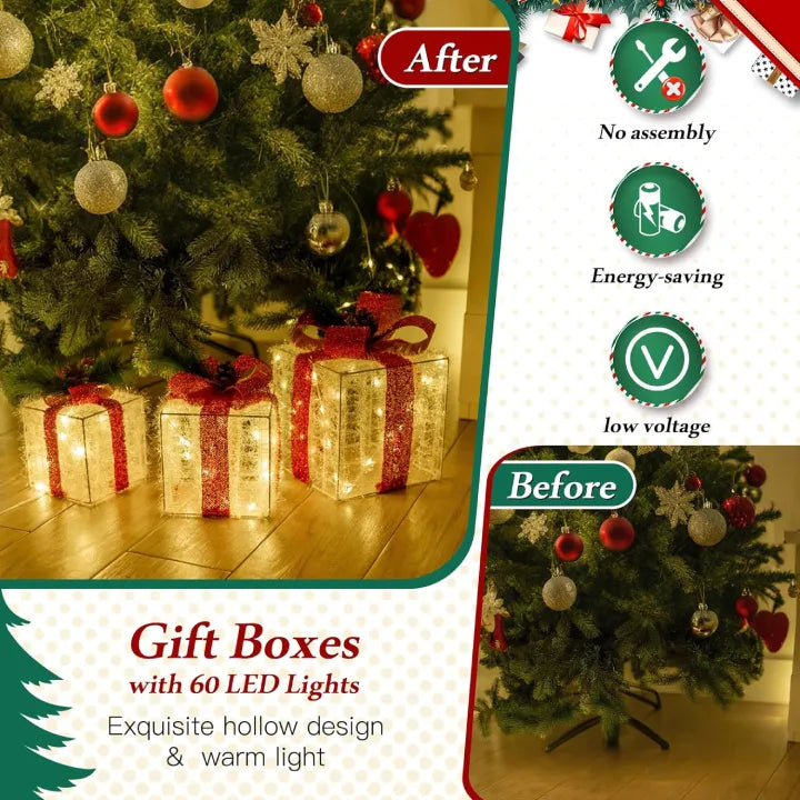 Ollny Light Up Present Boxes Warm White for Christmas (60 LED, 3 Sets, Plug in, 8 Modes)
