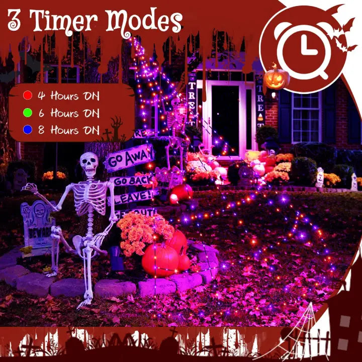 Ollny Orange and Purple Halloween Spider Web Lights (Black Cable, IP67 Waterproof, Plug in, 8 Modes)